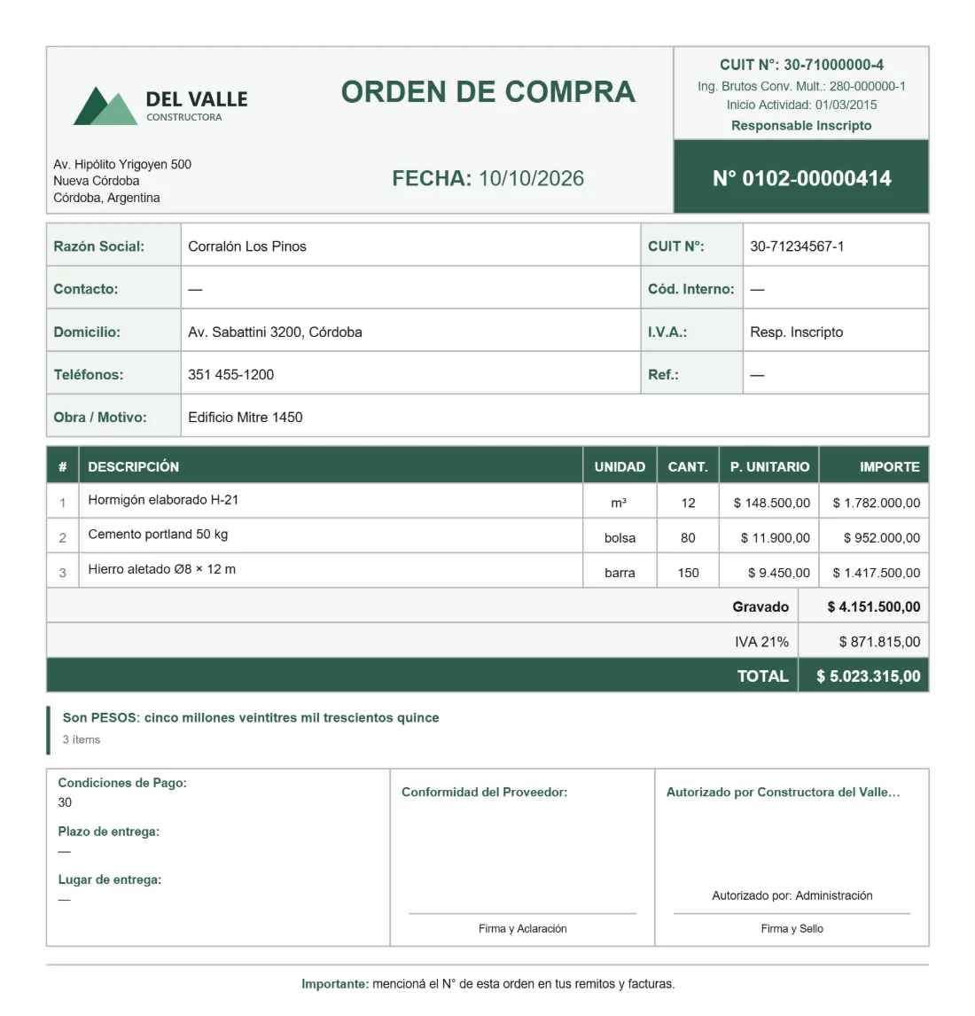 Orden de compra en PDF de una empresa de ejemplo, con su logo, sus datos fiscales y los ítems de la compra